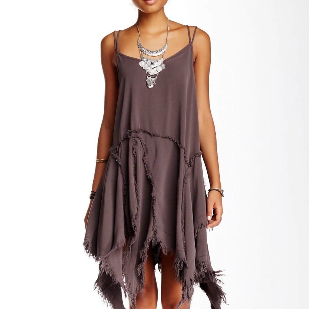 Free People "Tattered Up" Slip Dress Strappy V Neck Tiered Asymmetrical XS